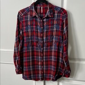 Free People Red and Blue Plaid Button-Up Shirt women size xs